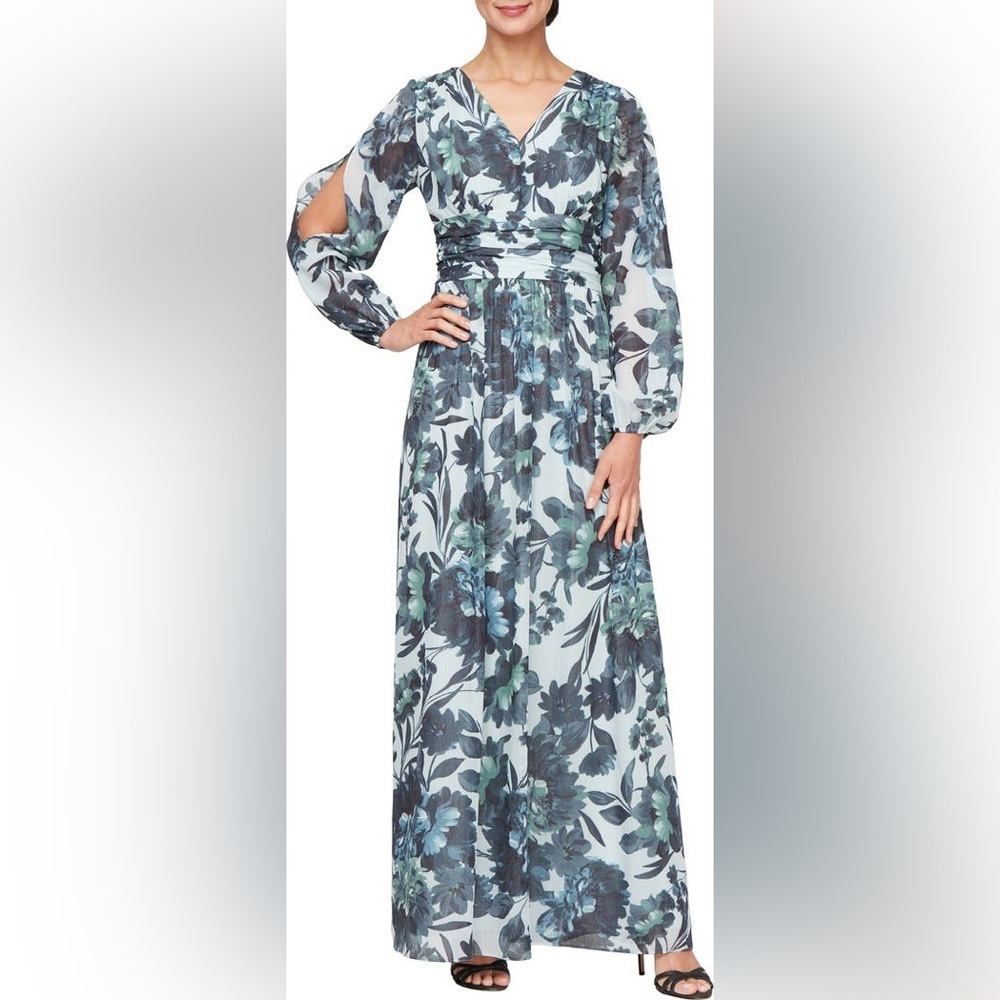 Floral Long (G4) Sleeve Maxi Dress SL FASHIONS NWT SIZE 8 PETITE